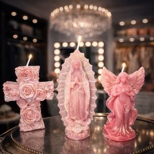 3pc Pink Shimmer Beeswax Devotional Candle Set – Cross, Virgen & Angel (7oz)